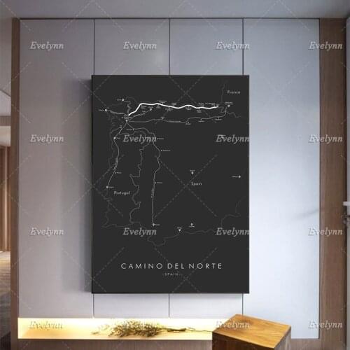 Camino Del Norte Trail Map |Camino Hiking Trail Map Poster |Santiago de Compostela |Modern Home Decor Prints Canvas Unique Gift