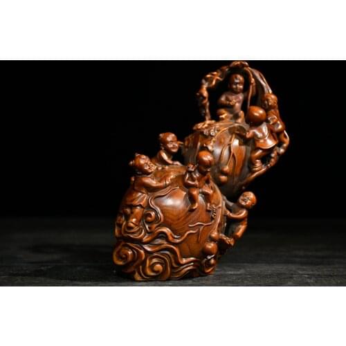 7" China Lucky Seikos Boxwood Five blessed gourd statue Seven boys playing Stand gourd Town House Ward off evil spirits