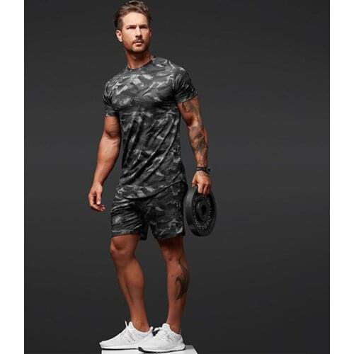 New Camouflage Sports Suit Mens Running Suit Gym Summer Two Piece Quick Drying Clothes Casual Short Sleeve Shorts Summer 2021