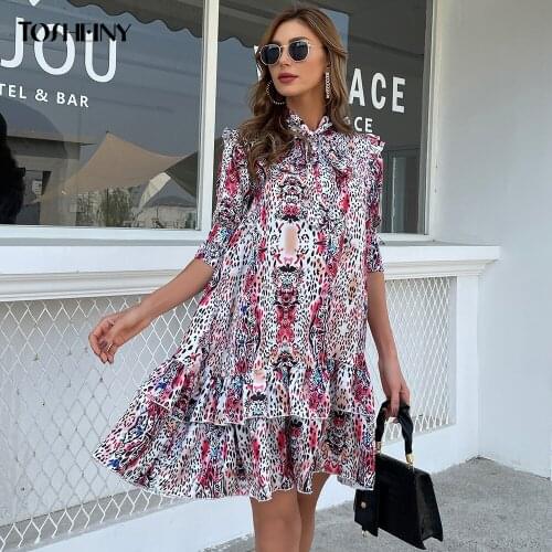 Tosheiny 2021 Summer Women Dress Sexy Leopard Tie Neck Flounce Hem Belted Lantern Sleeve Mini Party Elegant Short Dresses