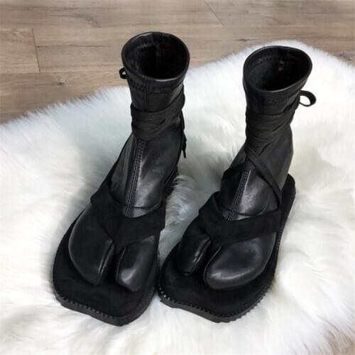 Fashion Design Women Ankle Boots Split Toe Flat Sock Boots Soft Leather Straps Military Boot Autumn Winter Shoes Woman