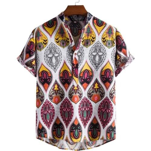 Summer Loose Casual Men Polo Shirts Vintage Pattern Print Short Sleeve Hawaiian Shirt Men Beach Style Button Lapel Pullover Tops