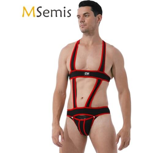 Mens Erotic Lingerie Wrestling Singlet Bodysuit Hollow Out Jockstrap Leotard Bulge Pouch Sexy Male Mankini Bodysuit Underwear