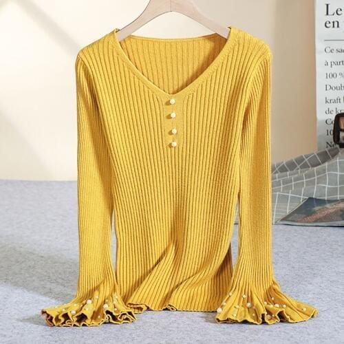 Solid Color V neck Sweater Women Pullover Autumn Winter Korean Fashion Flare Sleeve Beading Knitted Pullovers Jumpers Female
