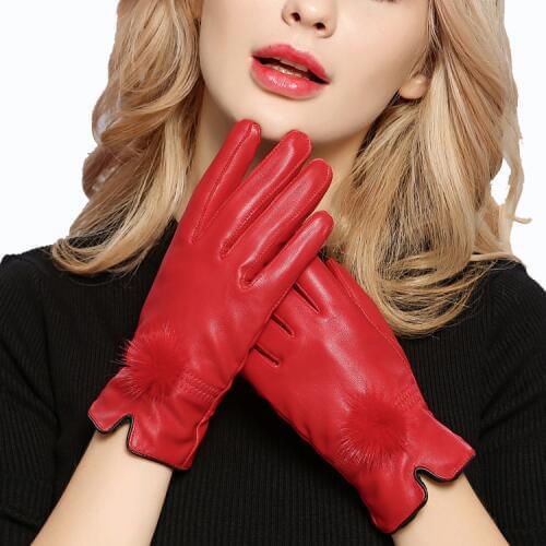 Harppihop gloves discount 2019 100% genuine leather gloves female sheepskin gloves womens thin thermal mink hair ball fashion