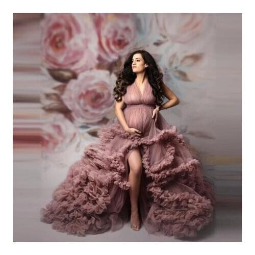 Extra Puffy Pregnancy Gowns V Neck Sleeveless Front Slit Women Ball Gown Photo Shoot Maternity Dresses Tiered Organza