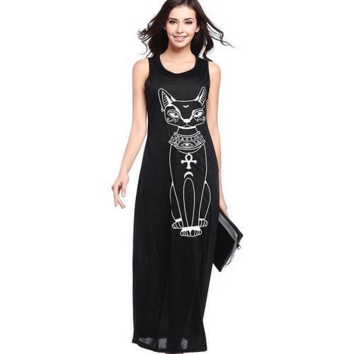 2018 new summer O-neck high waist cartoon cat strap and ankle length dress casual bag hip print goddess and ankle length dress