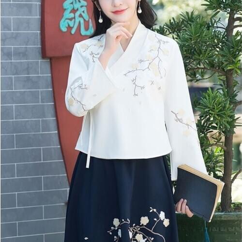 Hanfu Shirt Antique Fashion Embroidery Literature Restore Tea Ceremony Qipao Folk Women Tops Chinese Style Clothing Women 11941