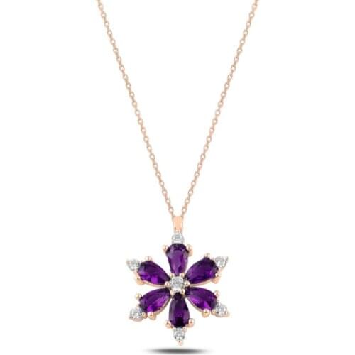 Silver 925 Sterling Lotus Blossom Zirconia stone Amethyst Necklace