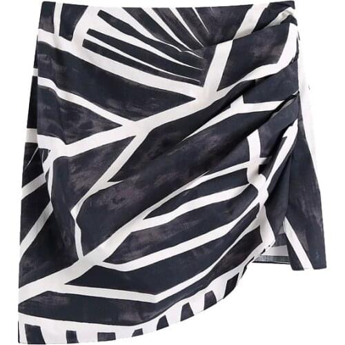 2021 New Women Chic Fashion Printed Draped Asymmetry Mini Skirt Vintage High Waist Side Zipper Female Skirts Mujer