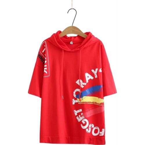 Plus size red orange letter print cotton women tshirts 2021 casual summer short sleeve ladies t shirts hooded t-shirts female