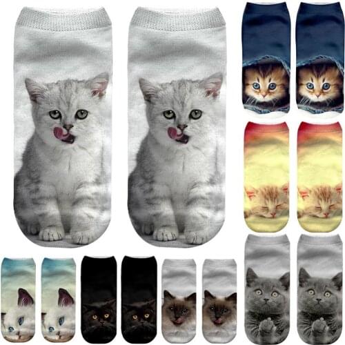 50% Hot Sales Cute 3D Cat12 Animal Print Women Breathable Polyester Elastic Low Cut Ankle Socks