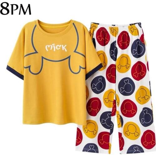 Womens Summer Loose Casual Pyjamas Cotton Cartoon Pajamas Set Round Neck Short Sleeves Long Pants Mujer Home Clothes ouc1075