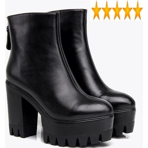 High Genuine Leather Autumn Heel Womens Ankle Roung Toe Back Zip Thick Bottom Fleece liner Female Platform Boots