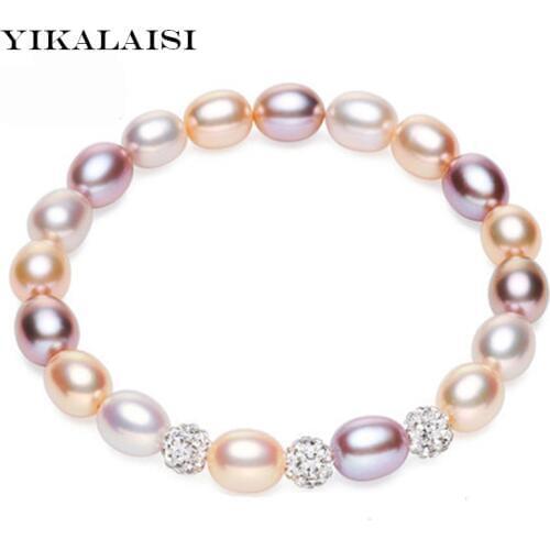 YIKALAISI Natural Freshwater Pearl Crystal Balls Charm Bracelet Fashion Jewelry For Women 7-8mm Pearl Drop shape 2 Colour