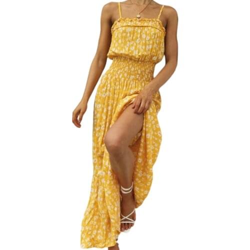 Women Boho Sleeveless Dress Summer 2021, Floral Printed Pattern Off-the-shoulder Suspender One-piece Holiday Wear