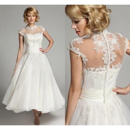 New 1950s Vintage High Neck Wedding Dresses Ankle Length Cap Sleeve Beads Sequins Lace Organza Short Bridal Gowns Custom Made