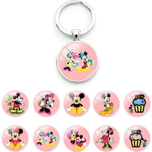 Disney Cute Mickey Mouse Couple Anime Keyring Bag Car Key Chain Glass Pendant Cabochon Keychains for Boys Girls jewelry MIK79-25