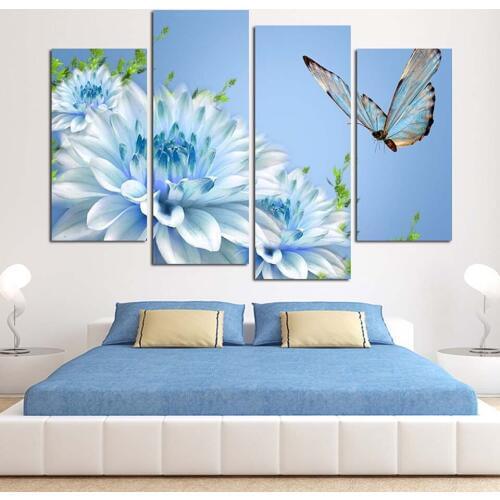 Living Room Modern Framed HD Poster Canvas Home Decoration Modular 4 Pieces Flowers Butterfly Printed Pictures Wall Art Painting