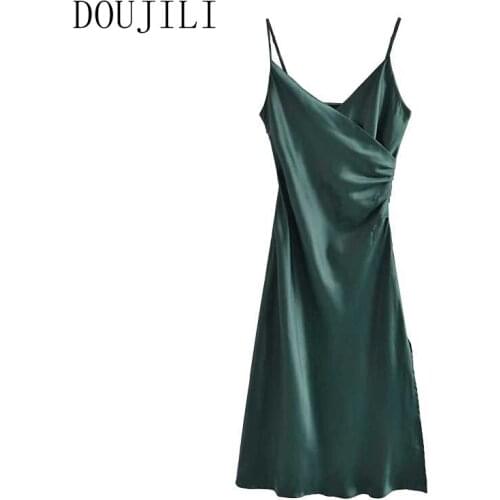 DOUJILI Female Solid Color Green Satin Dress Strap Adjust Sleeveless Backless 2021 Fashion Women Elegant Dresses