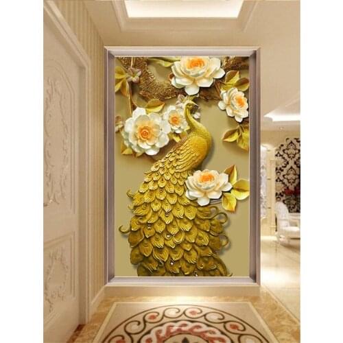 Customized wallpaper new Chinese style 3D embossed golden peacock flower mural living room bedroom porch background wall обои