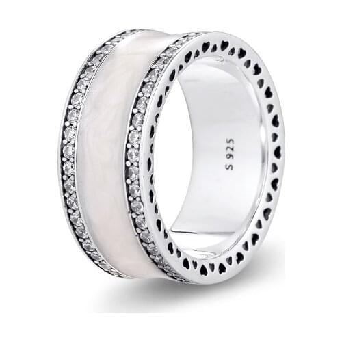 Hearts Ring with Silver Enamel with Clear Cubic Zirconia 100% 925 Sterling-Silver-Jewelry Free Shipping