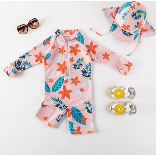 Swimsuit for Baby Girls Bathing Suit Girl Kids Long Sleeve Floral Print UV Protection Children Swimming Wear One Piece with Hat