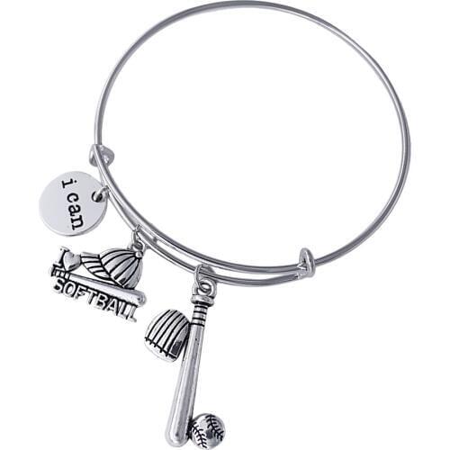 Fashion adjustable telescopic wire bangle I love softball metal pendant combination bracelet baseball sports gift jewelry