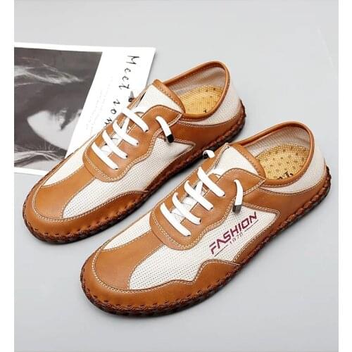 Mens Summer Casual Shoes Leather Mesh Hollowed Out Color Matching Soft Sole Casual Shoes Fashion Lace Up Antiskid Sport Shoes