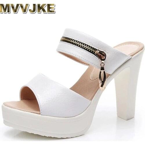 MVVJKEBig Size 43 Elegant Office Ladies Black White Summer High Heels Mules Slipper Platform Sandals Women Shoes