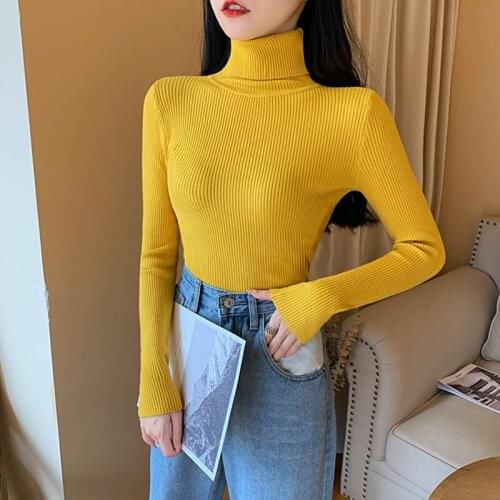 2021 Autumn And Winter Long Sleeve Knitted Foldover Turtleneck Ribbed Pull Sweater Soft Warm Pure Color Sexy Slim Pullover