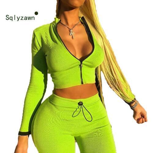 Autumn Womens Two Piece Green Track Suit Sexy Sports Fitness Jacket Crop Top and Pants Jogging Set Female Casual Bodycon Outfit