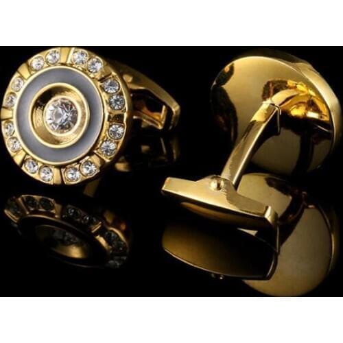 Luxury Golden Crystal Cufflink Round Enamel Cuff Links Shirt Cuff Buttons Wedding/Business/Party Gift Men Fashion Jewelry 10pair