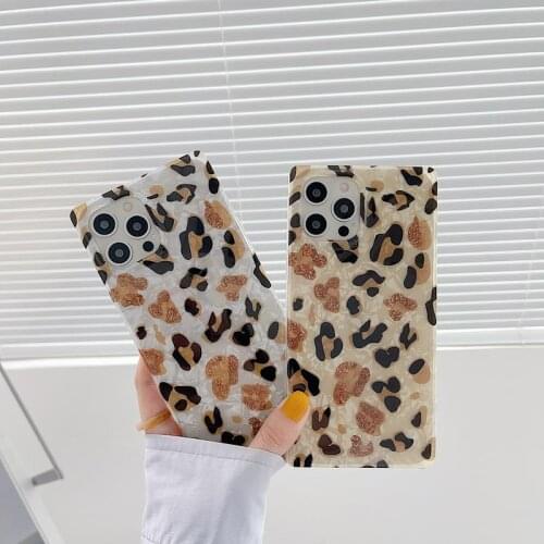 Luxury Glossy Leopard Print Square Soft Rubber Back Phone Case Cover Shell For iPhone 7 8 Plus 11 12 Pro Max X XR XS Max Skin