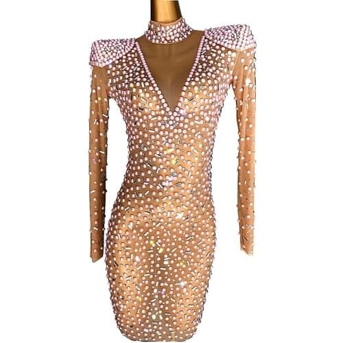 Pink Rhinestones Pearls Mesh Transparent Dress Birthday Celebrate Stereoscopic Shoulder Women Dancer Evening Stretch Outfit