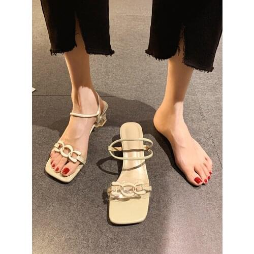 Sandals Womens Shoes Summer 2021 New Fashion Two-wear Crystal Transparent Heel Non-slip Mid-heel Shoes