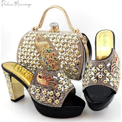 Italian Design Lastest Black Color African Nigerian Party Fashion Special Style Ladies Shoes and Bag Set Decorated With Metal