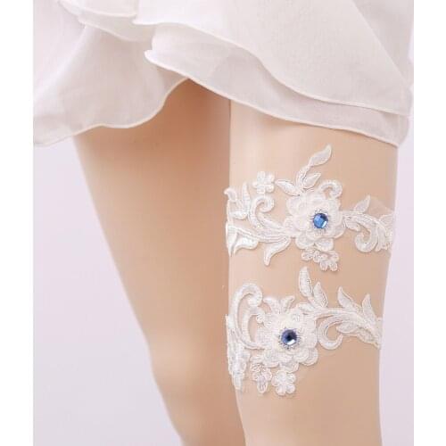 Wedding Garter Blue Rhinestone White Embroidery Sexy Garters 2pcs set for Women/Female/Bride Thigh Ring Bridal Leg Garter