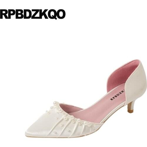 Ivory Shoes Wedding Ladies Kitten Pearl Pointed Toe Pumps Girls High Heels Bridal Thin Medium Handmade White D'orsay Bridesmaid