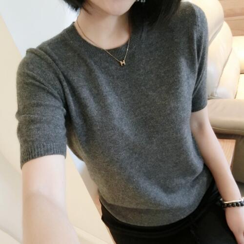 Spring and summer T-shirt sets of round neck sweater womens short-sleeved Slim lazy knit bottoming shirt short coat