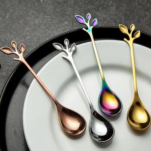 Leaf Design Fork Spoon 304 Stainless Steel Dessert Fruit Forks Honey Coffee Stirring Spoon Cutlery Dinnerware Kitchen Accessorie