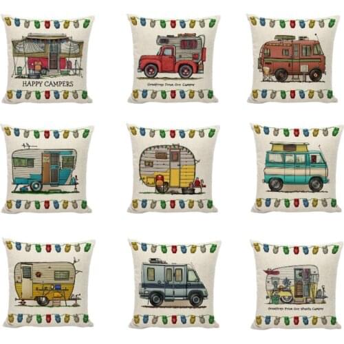 Funny Mobile Travel Cushion Covers Happy Campers Cartoon Throw Pillow Cover Home Decor Outdoor Touring Cars Printing Pillowcases