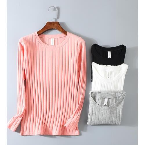 Plus Size Autumn Winter Cotton T Shirt Women Striped O-Neck Loose T-Shirt Long Sleeve Knitted Lady Sweet Tees Top Stretch Shirt