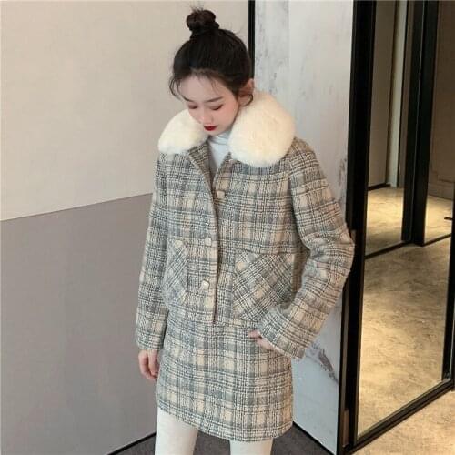 JuneLove New Plaid Woolen Suits Women Winter New Thick Short Fur Collar Coats + High Waist Mini Skirt Two-Pieces Female Sets