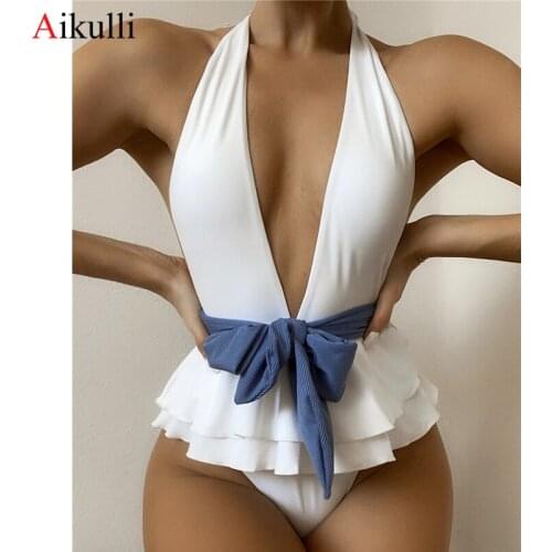 Sexy Halter Backless One Piece Swimsuit Women Ruffle Deep V Belted Swimwear Summer Monokini Swim Bathing Suit 2021 New Beachwear