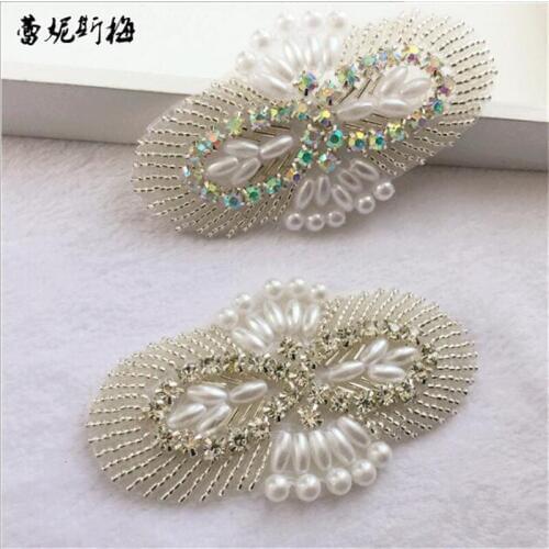 4Pc Ivory Charming Crystal Rhinestone Applique Trim Iron On Bridal Costume Bead Wedding dress waist decoration with Glue RT0101
