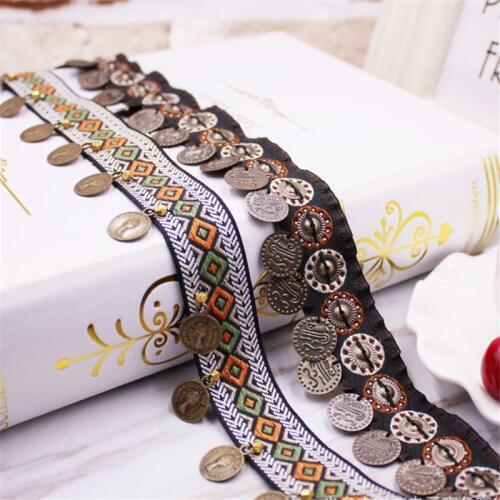 5Yards Vintage Embroidery Copper Sheet Tassel Beading Lace Trim Cotton Fabric Ribbon Fringe National Clothes Shoes Accessories