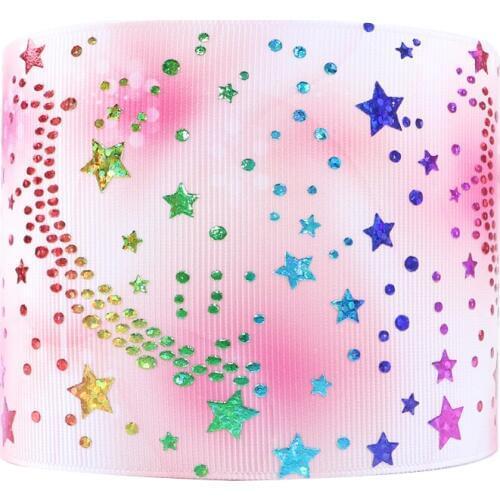 David accessories 3''75mm heart dots star feather color gold foil grosgain ribbon 50yards,DIY hairbow handmade material,50Yc5623