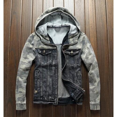 European and American fashion outdoor spring hooded cowboy jacket men slim camo patchwork jacket casual retro top trendy men