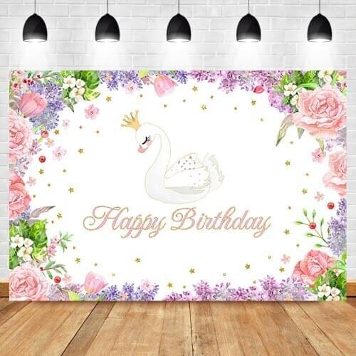 White Cute Swan Birthday Backdrop Purple Pink Flower Photo Background Girls Party Dessert Table Photographic Props Backdrops